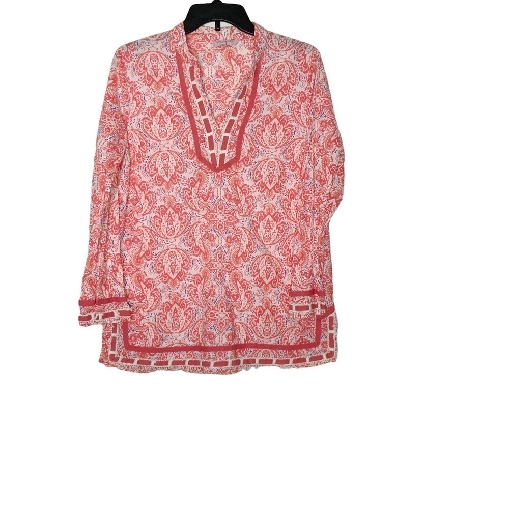Saint Tropez West  long sleeve coral colored tunic blouse. V neckline. Size L - Picture 2 of 7